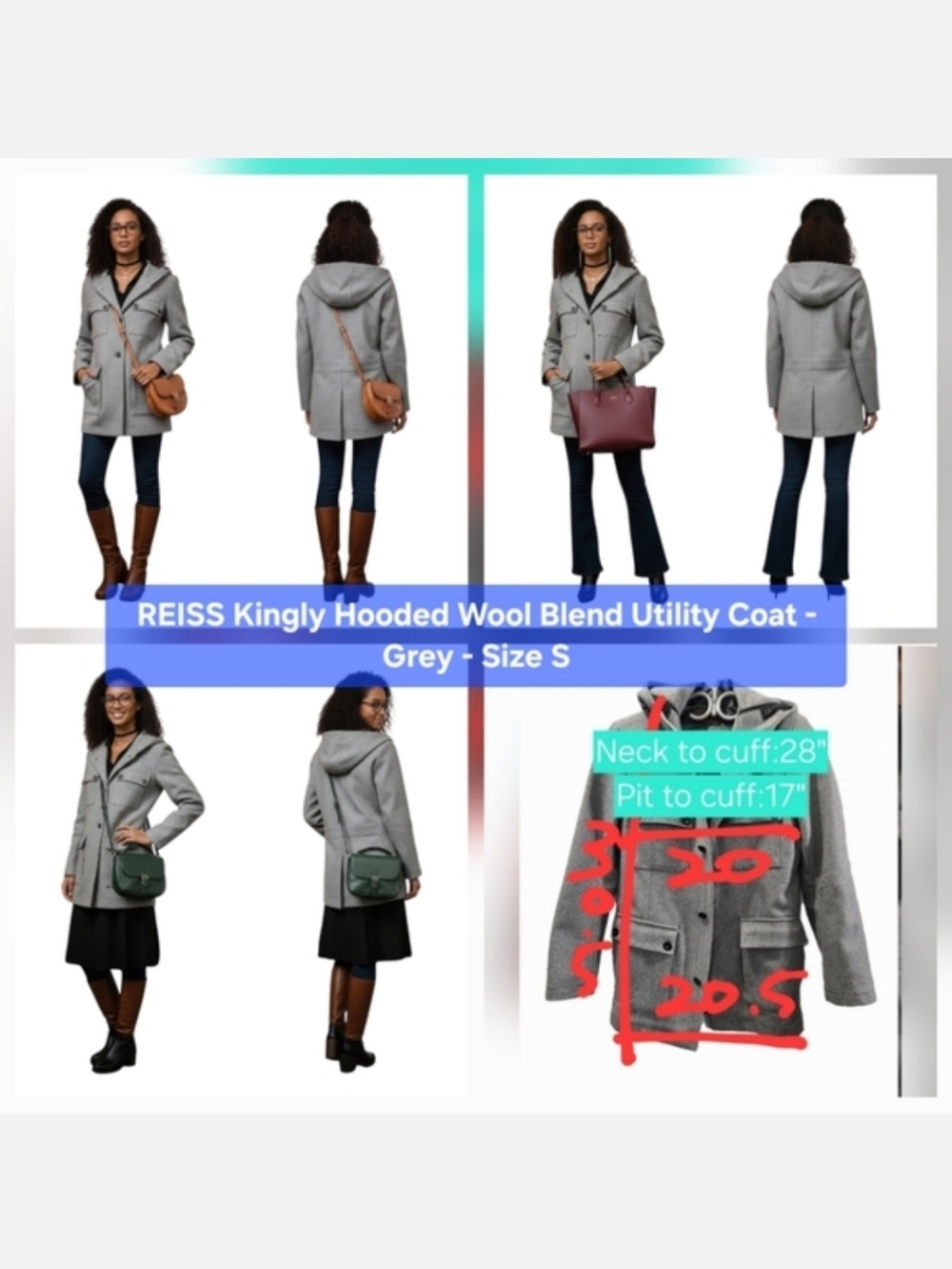 Unisex REISS Kingly Hooded Wool Blend Utility Coat Grey Size S